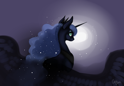 Size: 828x577 | Tagged: safe, artist:casynuf, princess luna, g4, backlighting, female, looking back, moon, solo