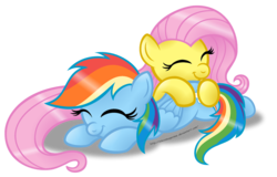 Size: 1280x820 | Tagged: safe, artist:aleximusprime, part of a set, fluttershy, rainbow dash, g4, cuddling, cute, simple background, sleeping, snuggling, transparent background