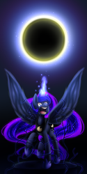 Size: 632x1264 | Tagged: dead source, safe, artist:spencella, nightmare moon, princess luna, g4, angry, crying, eclipse, magic, nightmare luna, origins, solar eclipse, solo, transformation