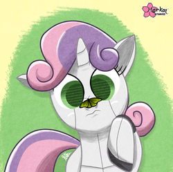 Size: 1501x1497 | Tagged: safe, artist:clouddg, sweetie belle, butterfly, pony, robot, robot pony, unicorn, g4, cute, diasweetes, female, filly, foal, hooves, horn, insect on nose, lying down, on back, solo, sweetie bot