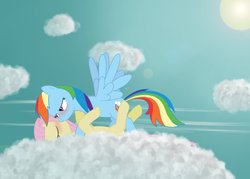 Size: 1057x755 | Tagged: safe, artist:vareoth, fluttershy, rainbow dash, g4, cloud, cloudy, female, kissing, lesbian, ship:flutterdash, shipping