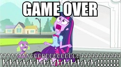 Size: 962x540 | Tagged: safe, spike, twilight sparkle, dog, equestria girls, g4, caption, dialogue, duo, exploitable meme, kneeling, open mouth, screaming, sega rally championship, spike the dog, twiscream