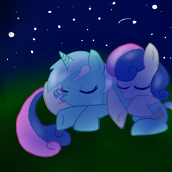 Size: 507x509 | Tagged: safe, artist:kyoismykitteh, bon bon, lyra heartstrings, sweetie drops, earth pony, pony, unicorn, g4, female, lesbian, night, ship:lyrabon, shipping