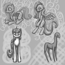 Size: 1800x1800 | Tagged: safe, artist:versimer, fluttershy, sweetie belle, g4, grayscale, monochrome