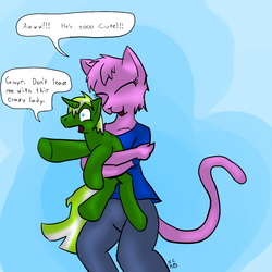 Size: 1000x1000 | Tagged: safe, artist:short circuit, oc, oc only, oc:circuit mane, anthro, catgirl, crazy cat lady, hug, pink, pun, visual pun