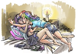 Size: 1264x902 | Tagged: safe, artist:ddhew, rainbow dash, twilight sparkle, human, g4, barefoot, bed, book, candle, clothes, eyes closed, feet, female, humanized, kissing, lesbian, pillow, ship:twidash, shipping, shirt lift, skirt