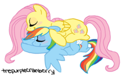 Size: 616x363 | Tagged: safe, artist:thepurplecranberry, fluttershy, rainbow dash, g4, cuddling, female, lesbian, ship:flutterdash, shipping, sleeping, sleeping together, snuggling