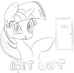 Size: 943x931 | Tagged: safe, artist:zev, twilight sparkle, female, get out, grayscale, lineart, monochrome, pencil drawing, reaction image, solo, twiface, wrong neighborhood