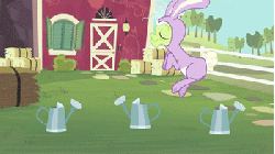 Size: 350x197 | Tagged: safe, screencap, granny smith, scootaloo, sweetie belle, family appreciation day, g4, animal costume, animated, bipedal, bunny costume, bunny ears, clothes, costume, female, hopping, watering can