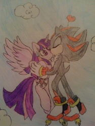 Size: 1200x1600 | Tagged: safe, artist:shadayloronic, twilight sparkle, alicorn, pony, g4, cloud, cloudy, crossover, crossover shipping, female, floating, heart, interspecies, kissing, love, male, mare, shadow the hedgehog, shadtwi, shipping, sonic the hedgehog, sonic the hedgehog (series), straight, traditional art, twilight sparkle (alicorn)
