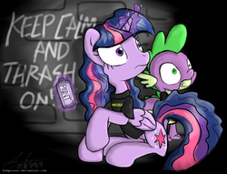 Size: 1128x864 | Tagged: safe, artist:flutterthrash, spike, twilight sparkle, alicorn, pony, g4, duo, female, graffiti, mare, metal, thrash metal, twilight sparkle (alicorn)