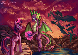 Size: 2864x2025 | Tagged: source needed, useless source url, safe, artist:erovoid, spike, twilight sparkle, alicorn, dragon, pony, g4, butt, cliff, crying, female, flying, goodbye, immortality blues, magic, male, mare, older, older spike, plot, sad, ship:twispike, shipping, smiling, spike can fly, straight, tears of joy, twilight sparkle (alicorn), winged spike, wings