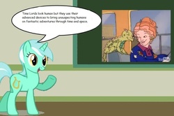 Size: 886x588 | Tagged: safe, lyra heartstrings, chameleon, lizard, pony, reptile, unicorn, g4, chalkboard, doctor who, female, horn, human studies101 with lyra, liz ard, lyra got it right, magic school bus, mare, meme, mind blown, ms. frizzle, tardis, time lord, truth