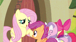 Size: 500x281 | Tagged: safe, screencap, apple bloom, fluttershy, scootaloo, sweetie belle, earth pony, pony, g4, ponyville confidential, season 2, adorabloom, animated, cute, cutealoo, cutie mark crusaders, diasweetes, female, gif, hub logo, hug, shyabetes