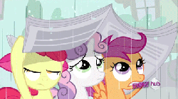 Size: 400x225 | Tagged: safe, screencap, apple bloom, scootaloo, sweetie belle, g4, ponyville confidential, animated, cutie mark crusaders, female, hub logo, newspaper, rain