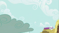 Size: 500x281 | Tagged: safe, screencap, rainbow dash, g4, ponyville confidential, animated, cloud, cloudy, female, hub logo, solo