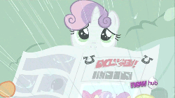 Size: 500x281 | Tagged: safe, screencap, apple bloom, scootaloo, sweetie belle, earth pony, pony, g4, ponyville confidential, animated, cutie mark crusaders, female, hub logo, newspaper, rain