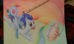 Size: 1024x612 | Tagged: safe, artist:rusticshine, rainbow dash, soarin', g4, carrot on a stick, female, flying, happy, male, pie, ponies riding ponies, rainbow dash riding soarin, riding, river, ship:soarindash, shipping, straight, sunset, that pony sure does love pies, tongue out, traditional art