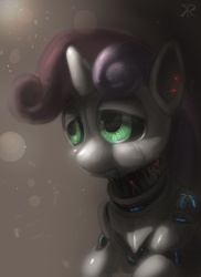 Size: 1058x1452 | Tagged: safe, artist:grissaecrim, sweetie belle, pony, robot, robot pony, unicorn, g4, female, filly, foal, glowing, horn, sad, solo, sweetie bot