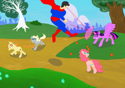 Size: 1024x722 | Tagged: safe, artist:melodymoose, pinkie pie, twilight sparkle, alicorn, pony, g4, crossover, female, fight, male, mare, superman, twilight sparkle (alicorn)