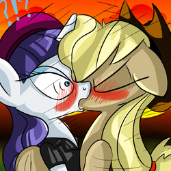 Size: 800x800 | Tagged: safe, artist:ask-mademoiselle-rarity, applejack, rarity, earth pony, pony, unicorn, ask mademoiselle rarity, g4, blushing, discorded, duo, female, kiss on the lips, kissing, lesbian, liarjack, mare, ship:rarijack, shipping, surprise kiss, surprised, tumblr