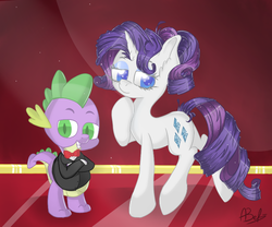 Size: 850x708 | Tagged: safe, artist:hamatte, rarity, spike, g4, clothes, tuxedo