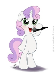Size: 700x920 | Tagged: safe, artist:pia-sama, sweetie belle, pony, g4, bipedal, cute, diasweetes, female, microphone, simple background, singing, solo, vector, white background