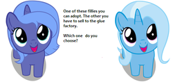 Size: 530x250 | Tagged: source needed, safe, princess luna, trixie, g4, bronybait, cute, dilemma, female, filly, glue factory, implied death, looking at you, sadistic choice, simple background, text, white background, woona
