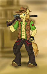 Size: 1670x2618 | Tagged: safe, artist:flameydragwasp, braeburn, earth pony, anthro, g4, clothes, colored hooves, gloves, gun, hat, hooves, male, optical sight, rifle, sniper, sniper (tf2), sniper rifle, solo, stars, team fortress 2, topless, weapon