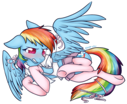 Size: 778x637 | Tagged: safe, artist:ambunny, rainbow dash, g4, blushing, clothes, embarrassed, female, floppy ears, frown, gritted teeth, on side, rainbow dash always dresses in style, ribbon, skirt, solo, spread wings, stockings, underhoof