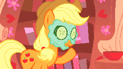 Size: 960x540 | Tagged: safe, screencap, applejack, earth pony, pony, g4, look before you sleep, season 1, animated, applejack's hat, cowboy hat, cucumber, eating, female, food, gif, golden oaks library, hat, herbivore, licking, mud mask, solo, tongue out, vegetables