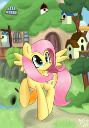 Size: 975x1400 | Tagged: dead source, safe, artist:average-hanzo, fluttershy, pegasus, pony, g4, female, fluttershy's cottage, mare, raised hoof, raised leg, signature, smiling, solo, spread wings, wings