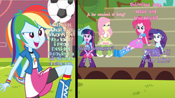 Size: 1280x720 | Tagged: safe, fluttershy, pinkie pie, rainbow dash, rarity, twilight sparkle, equestria girls, g4, my little pony equestria girls, balloon, bleachers, boots, bracelet, cards against equestria girls, clothes, football, high heel boots, jewelry, screencap comic, skirt