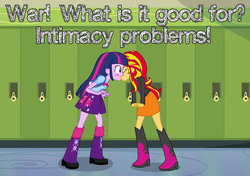 Size: 896x630 | Tagged: safe, sunset shimmer, twilight sparkle, equestria girls, g4, blushing, blushlight sparkle, cards against equestria girls, female, kissing, lesbian, ship:sunsetsparkle, song parody