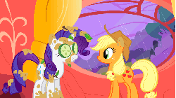 Size: 853x480 | Tagged: safe, screencap, applejack, rarity, pony, g4, look before you sleep, animated, cucumber, cute, dirty, duo, female, golden oaks library, hug, messy mane, mud