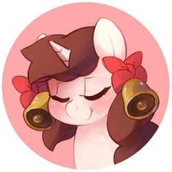 Size: 700x698 | Tagged: safe, artist:zonkpunch, oc, oc only, oc:buttermilk, pony, unicorn, bell, blushing, bust, eyes closed, milkmare, portrait, smiling, solo