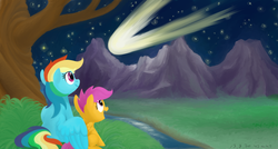 Size: 1200x645 | Tagged: safe, artist:7908yjw, rainbow dash, scootaloo, pegasus, pony, g4, female, filly, foal, hug, mare, mountain, mountain range, night, night sky, open mouth, open smile, scootalove, shooting star, signature, sitting, sky, smiling, spread wings, stars, tree, water, winghug, wings