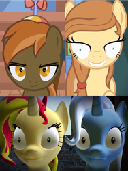 Size: 664x882 | Tagged: safe, button mash, sunset shimmer, trixie, oc, oc:cream heart, pony, g4, 3d, gmod, mutton bash, rapeface