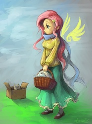 Size: 2256x3037 | Tagged: safe, artist:audrarius, angel bunny, fluttershy, cat, g4, clothes, female, humanized, long skirt, skirt, solo, sweater, sweatershy