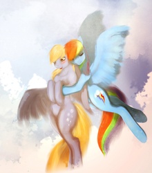 Size: 1584x1800 | Tagged: safe, artist:mechagen, derpy hooves, rainbow dash, pegasus, pony, g4, blushing, female, flying, hug, lesbian, mare, ship:derpydash, shipping, sky