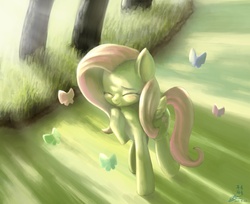 Size: 1500x1226 | Tagged: safe, artist:mrs1989, fluttershy, butterfly, g4, crepuscular rays, eyes closed, female, solo, tree