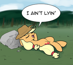 Size: 1800x1600 | Tagged: safe, artist:whatsapokemon, applejack, g4, eyes closed, female, lying, on back, paradox, pun, rock, solo