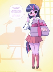 Size: 1411x1921 | Tagged: safe, artist:frankier77, twilight sparkle, anthro, g4, ambiguous facial structure, blushing, clothes, cute, desk, dialogue, female, lamp, looking at you, open mouth, open smile, present, shepherd0821-ish, smiling, socks, solo, speech bubble, table, twiabetes, window