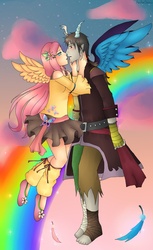 Size: 1588x2596 | Tagged: safe, artist:renrensnow, discord, fluttershy, g4, female, humanized, male, ship:discoshy, shipping, straight, winged humanization