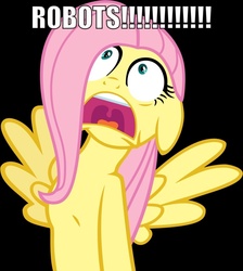 Size: 900x1004 | Tagged: safe, fluttershy, g4, animation show, female, image macro, robots, solo, youtube link