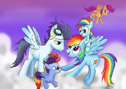 Size: 1024x724 | Tagged: safe, artist:raggyrabbit94, rainbow dash, scootaloo, soarin', oc, g4, auntie scootaloo, family, female, male, offspring, older, parent:rainbow dash, parent:soarin', parents:soarindash, ship:soarindash, shipping, straight