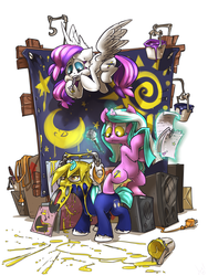 Size: 1125x1500 | Tagged: safe, artist:atryl, oc, oc only, oc:blank canvas, oc:hoof beatz, oc:mane event, bronycon, bronycon mascots, headphones, hoofevent, messy, microphone, paint, record