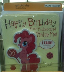 Size: 500x557 | Tagged: safe, pinkie pie, earth pony, pony, g4, bipedal, birthday, birthday card, card, hallmark, happy birthday, irl, lollipop, merchandise, photo, solo, speech bubble, text