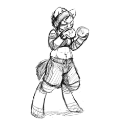 Size: 3000x3000 | Tagged: safe, artist:gordonfreeguy, babs seed, anthro, g4, abs, boxing, boxing gloves, female, monochrome, solo