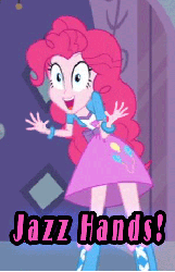 Size: 298x461 | Tagged: safe, edit, edited screencap, screencap, pinkie pie, equestria girls, g4, my little pony equestria girls, animated, caption, female, image macro, jazz hands, solo, text